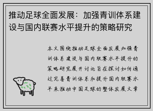 推动足球全面发展：加强青训体系建设与国内联赛水平提升的策略研究