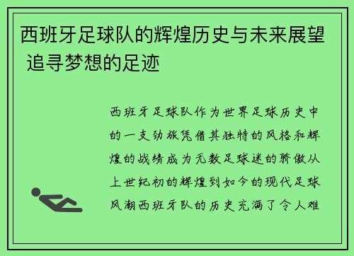 西班牙足球队的辉煌历史与未来展望 追寻梦想的足迹