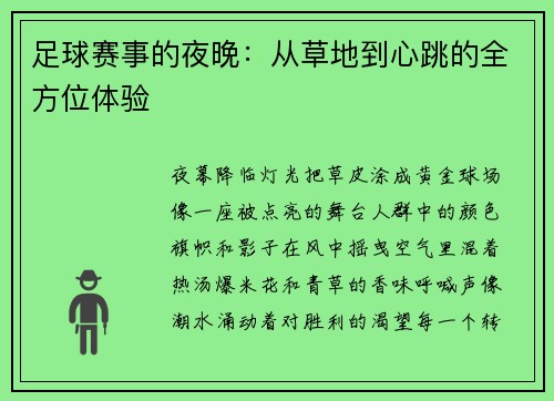 足球赛事的夜晚：从草地到心跳的全方位体验